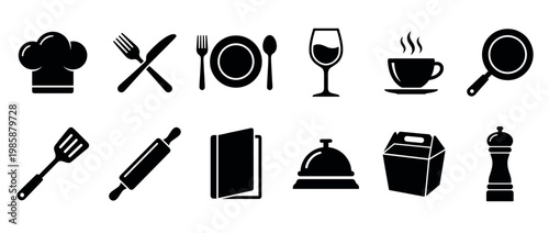 Kitchen utensils, cooking tools, restaurant items, and food service icons in a versatile graphic collection.