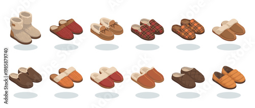 Collection of various comfortable indoor slippers and cozy house shoes in different styles and colors, perfect for home relaxation.