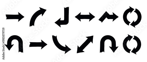 Collection of black arrow icons in various shapes and directions, including straight, curved, and circular designs, with a textured, hand-drawn appearance.