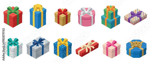 Colorful isometric gift boxes with ribbons and bows, perfect for holidays, celebrations, and special occasion presents.