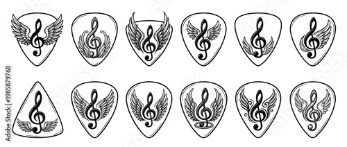 Collection of guitar picks with winged treble clef symbols, featuring various artistic designs for music and rock themes.
