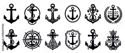 Anchor icons collection with various nautical marine symbols and decorative elements for maritime design projects and branding.