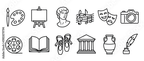 Arts and culture icons collection representing various creative fields and historical elements in a simple line art style.