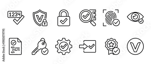 Security verification icons, authentication symbols, and validation signs representing digital access, data protection, and successful processes in a modern line art style.