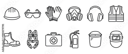 Personal protective equipment safety gear icons collection for industrial work, construction, and workplace safety regulations.