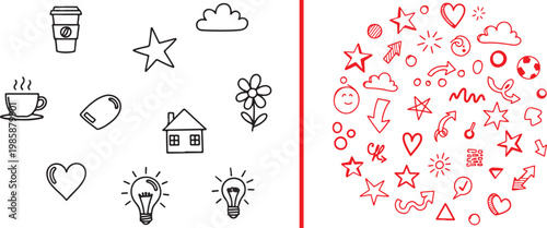 Hand drawn doodle set with black and red icons for creative design projects