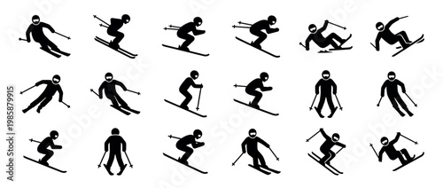 Black silhouette skiers performing various dynamic movements and techniques for winter sports and recreation activities.