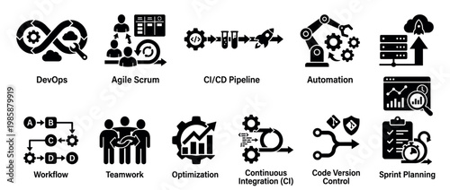 Collection of software development and IT operations icons representing various modern methodologies and project management concepts for digital transformation.