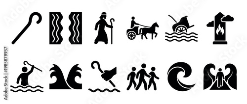 Biblical Exodus story icons depicting Moses, the parting of the Red Sea, and the journey of the Israelites.