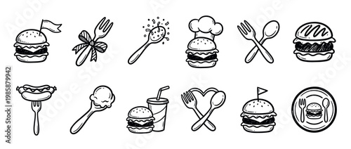 Hand drawn fast food and dining icons set featuring burgers, hot dogs, cutlery, and beverages in a playful doodle style.