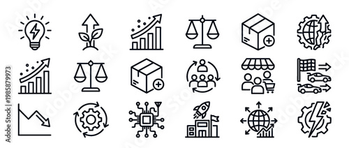 Collection of business technology economic icons representing growth, innovation, market, process, and global development concepts in a modern line art style.
