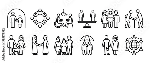 People icons community diversity inclusion and social support are depicted in a comprehensive set of outline vector illustrations representing various human interactions and relationships.