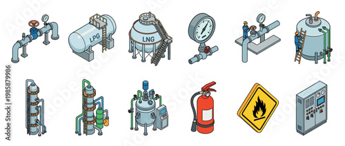Industrial equipment and chemical plant machinery set with gas tanks, pipes, and safety elements in isometric vector illustration.
