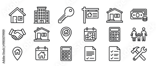 Real estate icons vector set illustrating concepts of property, finance, family, and maintenance for home ownership services.
