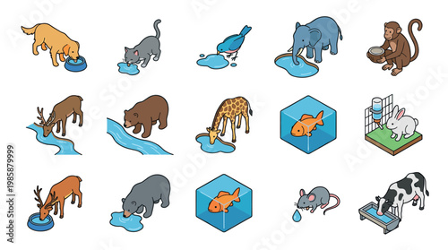 Cartoon animals drinking water from various sources like bowls, puddles, rivers, and troughs, illustrating hydration and animal care.