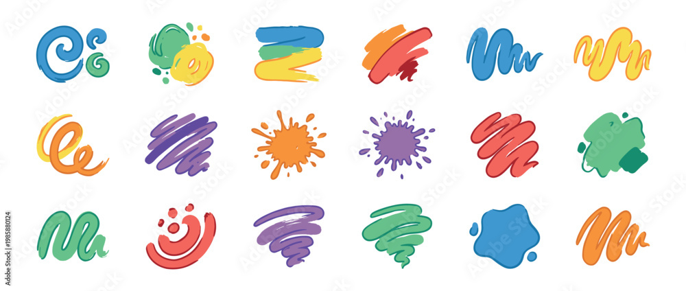 Obraz premium Vibrant collection of abstract hand-drawn brush strokes, paint splatters, and artistic design elements in various colors.