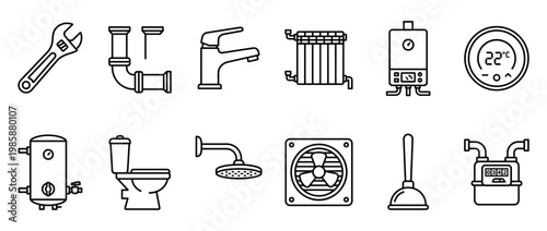 Plumbing heating ventilation system icons, a comprehensive collection of outline symbols for home maintenance and repair services.