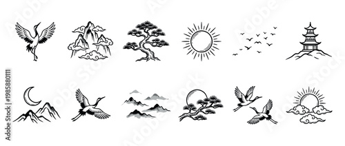 Collection of traditional Asian nature elements and symbols, including cranes, mountains, pine trees, sun, moon, and pagoda, in a classic ink art style.