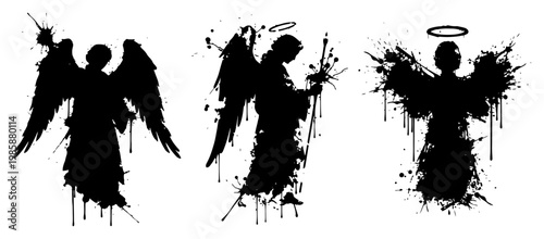 Angel silhouettes with wings and halos in messy ink splatter style