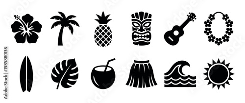 Hawaiian tropical icons set featuring hibiscus, palm tree, pineapple, tiki mask, ukulele, lei, surfboard, monstera leaf, coconut drink, hula skirt, ocean wave, and sun.