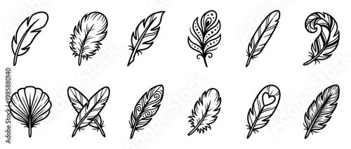 Collection of various decorative feather illustrations in black and white, showcasing different styles and intricate patterns.
