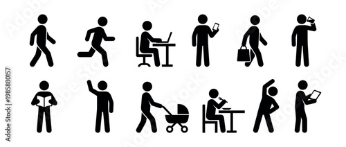 Stick figures engaged in various daily activities and common human actions, illustrating a diverse range of everyday routines and behaviors.