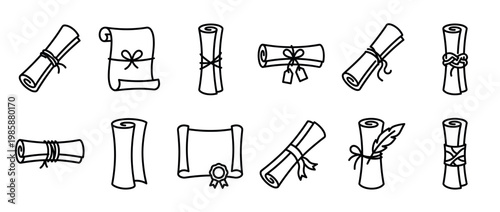 Collection of hand-drawn scrolls, diplomas, and certificates in various styles, perfect for education, achievement, and historical themes.