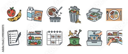 Food waste and management icons showing spoiled produce, expired products, leftovers, trash, composting, meal planning, and proper storage solutions.