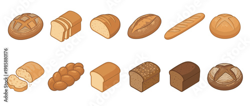 Various types of bread loaves and baked goods in an isometric cartoon style, representing different bakery products.