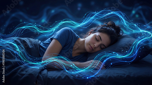 Brain sleep relaxation mindful meditation waves concept. A serene woman dreaming in a tranquil sleep surrounded by energy.