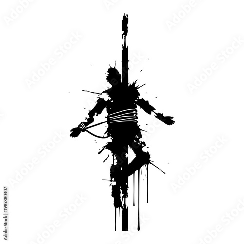 Photos Man tied to wooden post for punishment in messy ink splatter style