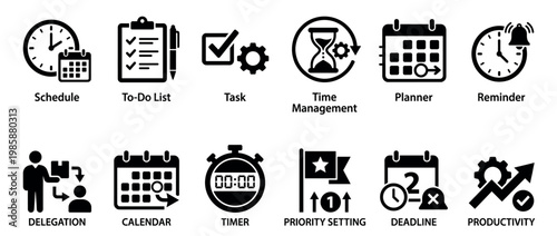 Collection of time management, scheduling, and productivity icons representing various organizational concepts and tools for efficient work.