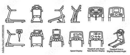 Collection of treadmill fitness machine icons illustrating different angles, displays, and accessories for exercise.