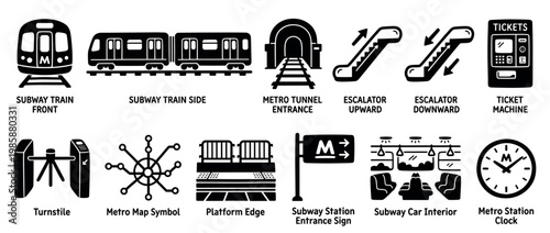 Subway and metro transportation system icons collection featuring trains, escalators, ticket machines, turnstiles, and station elements for urban travel.