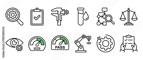 Quality control, inspection, testing, and manufacturing process line icons for industrial production and product development.