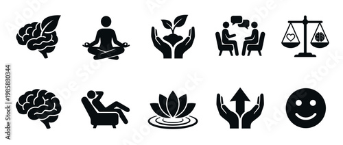 Mental health and well-being icons depicting mindfulness, growth, balance, therapy, and relaxation for a positive lifestyle.