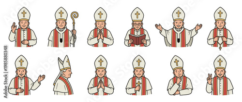 Cartoon illustration set of a pope or bishop character in various poses and actions, depicting religious leadership and spiritual activities.