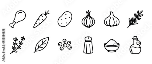 Food ingredients and cooking essentials line art icons set, including vegetables, herbs, spices, and a chicken drumstick, for recipe designs.