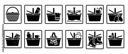 Baskets filled with various items, including food, winter accessories, and holiday decorations, for seasonal outdoor activities.