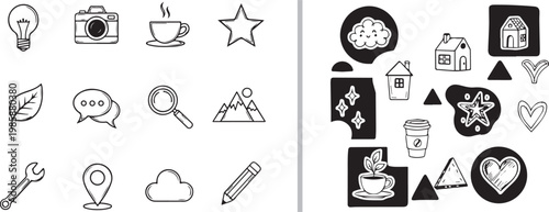 Hand drawn doodle icon set featuring lifestyle and business elements in black and white