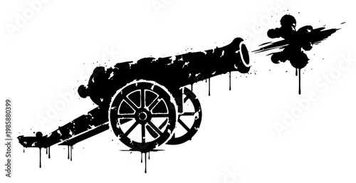 Antique firing cannon silhouette with black ink splashes and paint drips grunge style