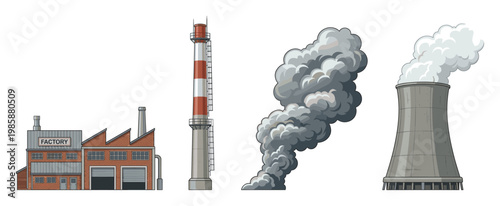 Industrial factory building, tall smokestack, dark smoke plume, and cooling tower emitting steam, representing environmental pollution and industrial impact.