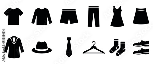 Clothing and accessories icons set featuring various garments like shirts, pants, dresses, and shoes for fashion and retail concepts.