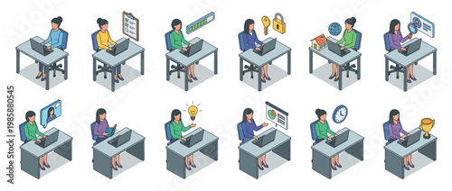 Isometric illustrations of women working on laptops, depicting various business concepts, office tasks, and professional achievements in a modern setting.