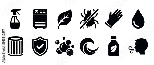 Collection of black glyph icons representing cleaning, air quality, pest control, and environmental protection concepts.