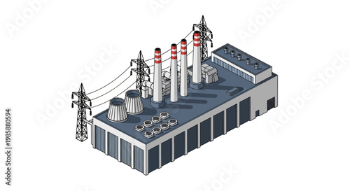 Industrial power plant with cooling towers and transmission lines, an electricity generation facility with multiple chimneys and buildings, illustrating industrial infrastructure and energy production