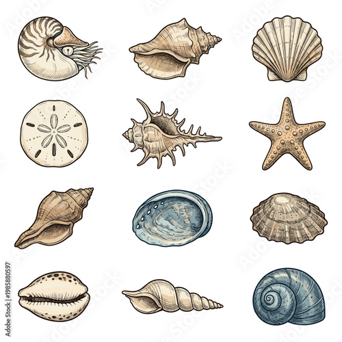 Beautiful collection of diverse seashells, sand dollar, and starfish illustrations showcasing various marine life forms and ocean treasures.