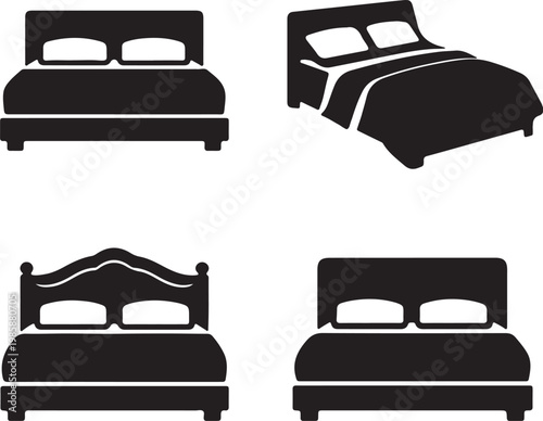 Set of Four Different Bed Styles Flat Design Vector Illustration with Pillows and Bedding
