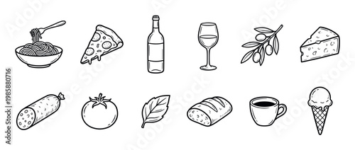 Food and drink icons collection featuring various hand-drawn illustrations of popular culinary items and beverages in a simple style.