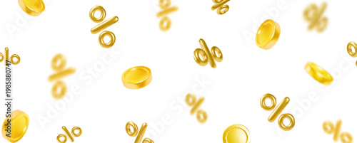 3d vector flying gold shiny coins with percent icon. Discount background. Percentage sign and money falling For promotion, marketing and advertising in social networks. Render vector illustration